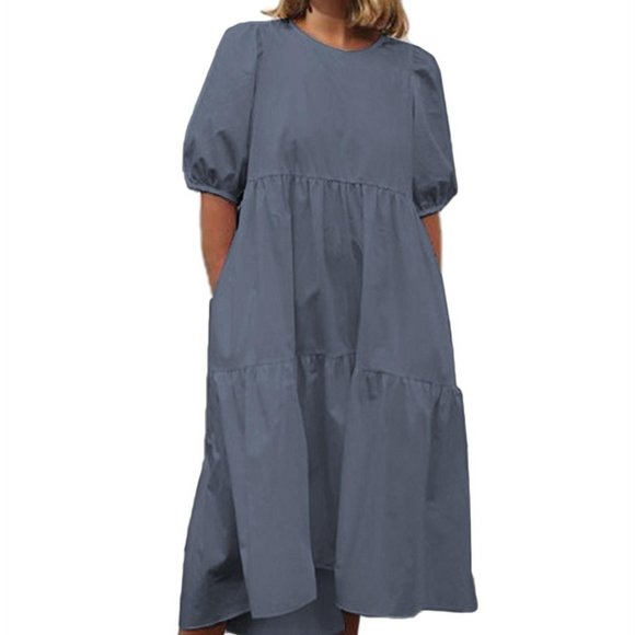SS Women's Round Neck Puff Sleeve Boho  Ruffles Solid Purple Midi Dress One Size - Picture 1 of 10